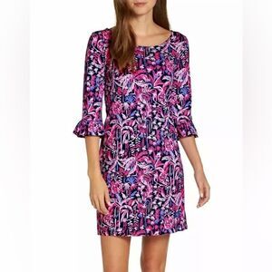 Lilly Pulitzer Dress Women’s XS Sophie Ruffle UPF 50+ Pink & Navy Blue‎